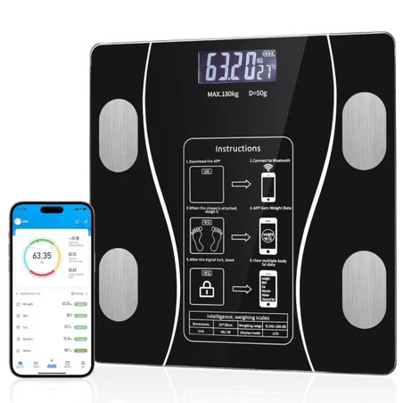 Cântar Corporal Smart Negru  – Analizor Compoziție Corporală cu Bluetooth, Ecran LCD Iluminat