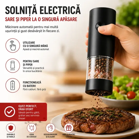 Râșniță Electrică pentru Sare și Piper, Neagră, 18 cm – Funcționare pe Baterii