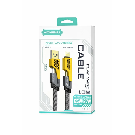 Cablu de încărcare rapidă Hongyu Flat Wire, USB-A la Lightning, 65W / 27W, 1 m, negru cu galben
