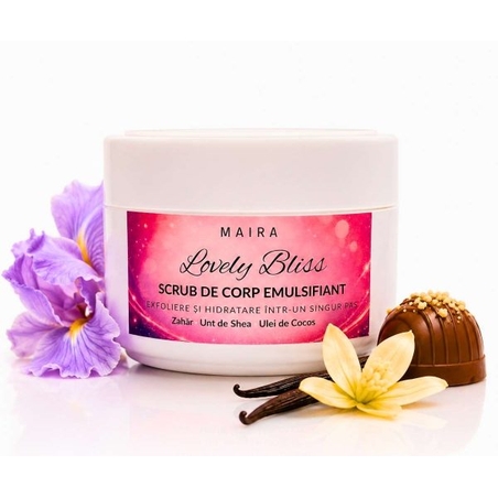 Scrub Corp Emulsifiant cu Zahăr, Ulei de Migdale și Unt de Shea – Lovely Bliss, 200g