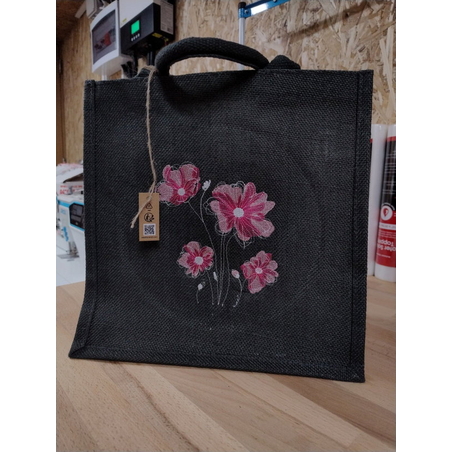 Sacoșă din iută antracit, brodată cu flori roz 30×30×19 cm | AYA HOME