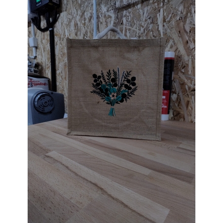 Sacoșă medie din iută naturală, brodată cu buchet botanic AYA HOME