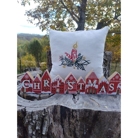 Pernă decorativă premium din in pre-spălat, cu broderie de Crăciun Lumânare festivă | AYA HOME