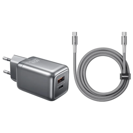 SET:Strujni punjac 45W USB+TIP C+ kabl TIP C na TIP C CA-25, sivi REMAX