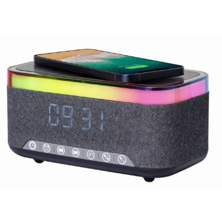 DAC-SPKBT-QC15-BK Gembird Digitalni sat+alarm sa bezicnim punjenjem telefona 15W i zvucnikom, FM, BT
