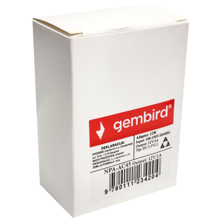 NPA-AC45** Gembird punjac 12v/1A 12W, 1m kabl, Coper napajanje, DC 5.5x2.1mm CE