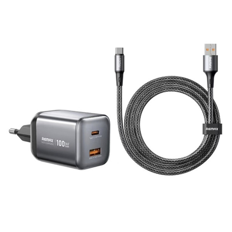 SET:Strujni punjac Wisdom GaN 1XUSB 3.0+TIP C 100W+kabl TIP C CA15, crni REMAX