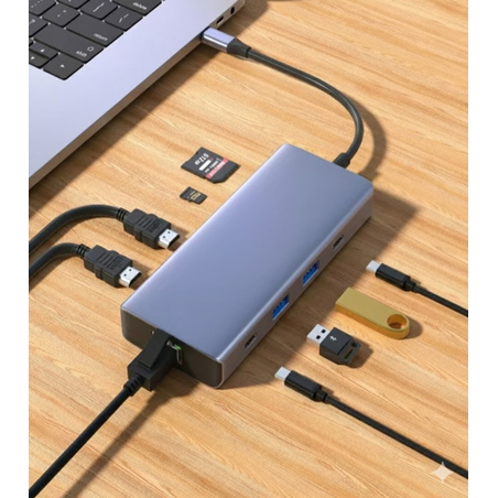 Adapter-konvertor TIP-C na 2xHDMI+2xUSB+2xTIP C+SD/Micro+RJ45