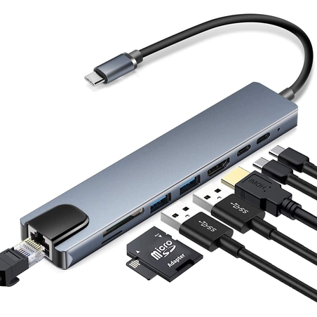 Adapter-konvertor TIP C na HDMI+2xUSB 3.0+SD/Micro SD+2xTIP C+RJ45