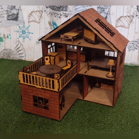 ДЪРВЕНА КЪЩА ЗА КУКЛИ В КОМПЛЕКТ С  МЕБЕЛИ