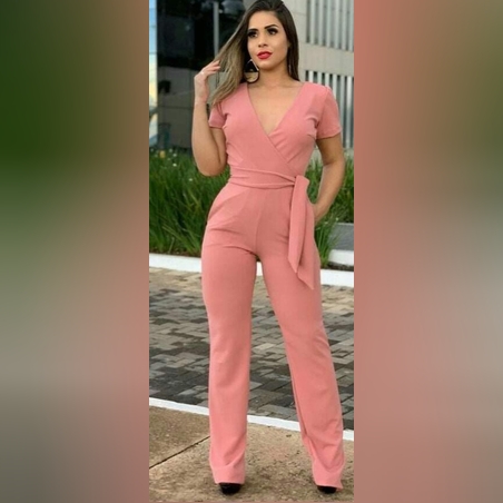 Дамски гащеризон  пудра с къс ръкав