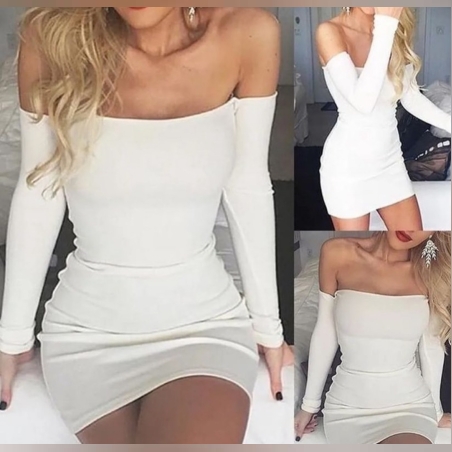 Дамска къса рокля в бяло с голи рамене