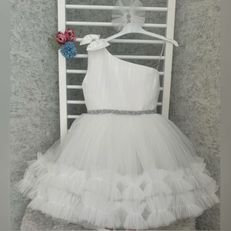 Детска къса рокля  от тюл с едно рамо в бяло