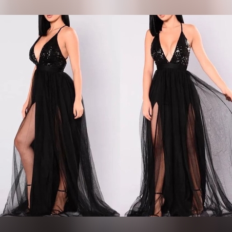 Дамска дълга  рокля от пайети и тюл в черно