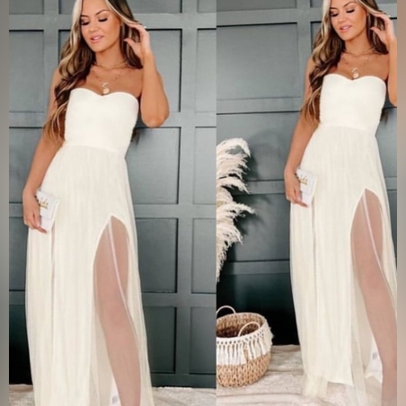 Дамска дълга рокля тип бюстие с тюл и цепка в бяло