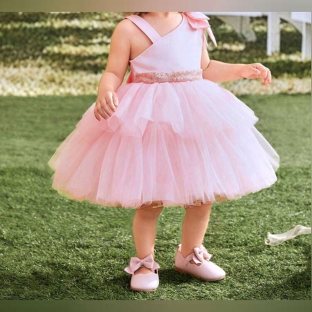 Детска къса рокля в розово с тюл