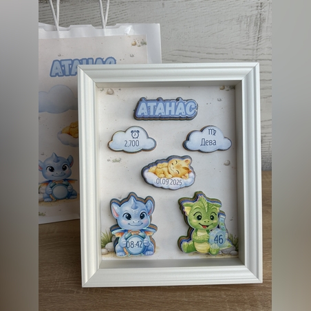 Рамка визитка за новородено - малки дракончета