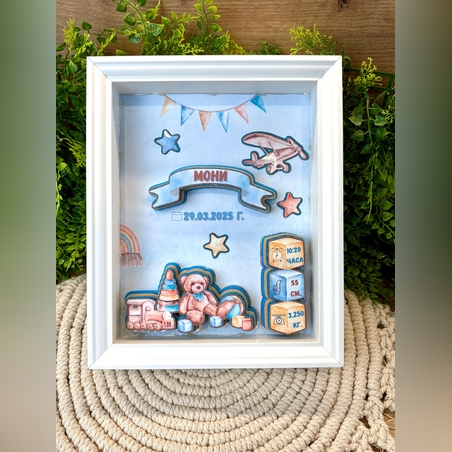 Рамка визитка за новородено – мече и влакче в небесносиньо