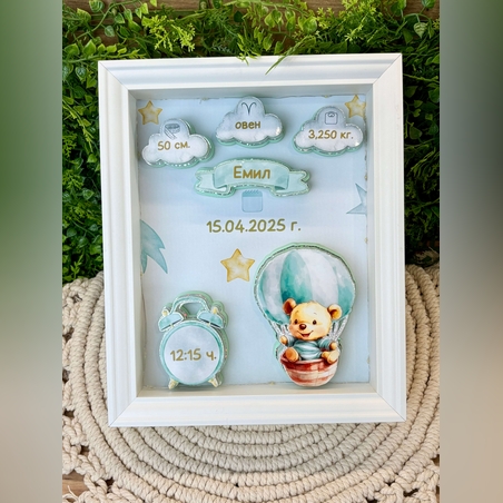 Рамка визитка за новородено – мече и балон в зелено