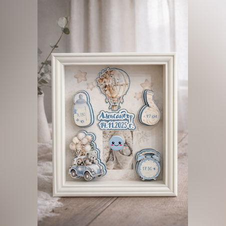 CRAFTONA Рамка визитка за новородено - мече и балон в син цвят