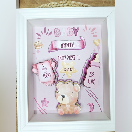 Ръчно декорирана рамка визитка за бебе