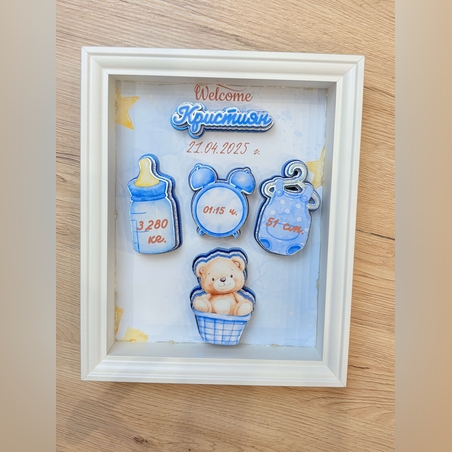 3D рамка визитка за новородено с мече – синя тема