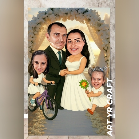 💍 Персонализирана семейна карикатура „Сватбен момент“ – уникален подарък за младоженци и семейства 👨‍👩‍👧‍👧✨
