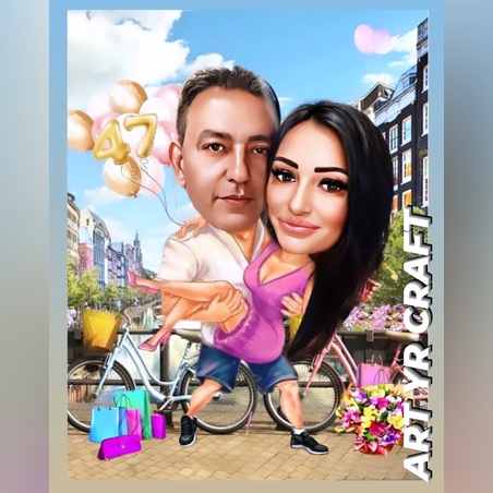 💑 Персонализирана карикатура за двойка – Любов, усмивки и балони!