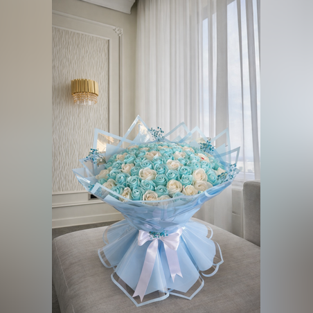 💙 Луксозен букет от 101бр. рози в нежни сини нюанси 💙