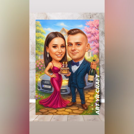 🎉 Персонализирана двойна карикатура „Празник в стил“ – идеален подарък за рожден ден или специален повод 🥂🎂