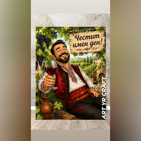 🍷 Карикатура „Честит имен ден“ – персонализиран подарък