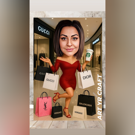 🛍 Персонализирана карикатура „Шопинг дива“ – стилен и забавен подарък 🎁✨