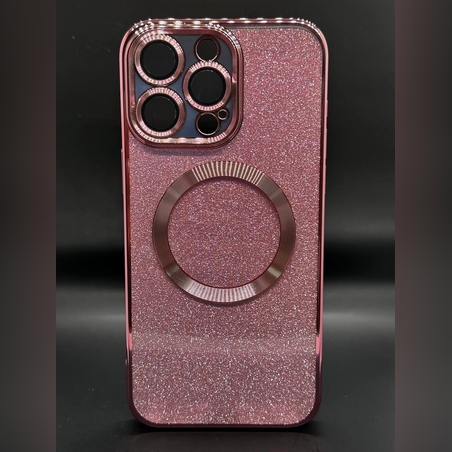 Блестящ, розов кейс с магнитно зареждане и протектор на камерата за iPhone 15 plus