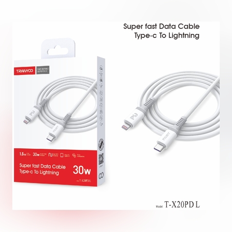 30w PD Super Fast Charging кабел Type C към Lightning с защита против пречупване T-X20