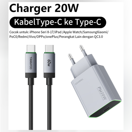 Tranyoo 20w T-EU7C Супер бързо зарядно USB C + Type C Кабел - Гаранция!