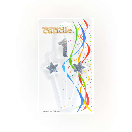 Комплект от 3 броя свещи за рожден ден с ефектно фолио - 2 броя звездички + цифра 