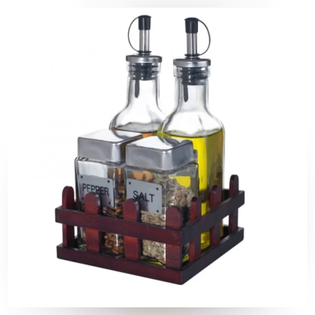 Оливерник и солници 4 части, стъкло, на дървена поставка - оградка