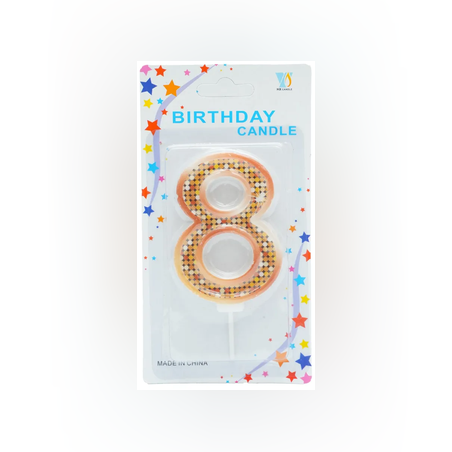 Свещ за рожден ден №8 с блясък - Златен цвят 7,5см.