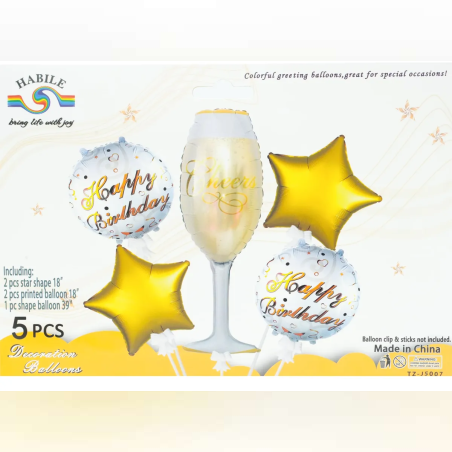 Комплект фолиеви балони с чаша за шампанско и две звезди - 5 части