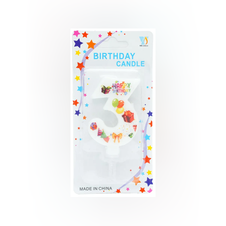 Свещ за рожден ден №3 - бяла с парти украса 6см.