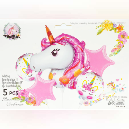 Комплект фолиеви балони с две звезди и еднорог - 5 части