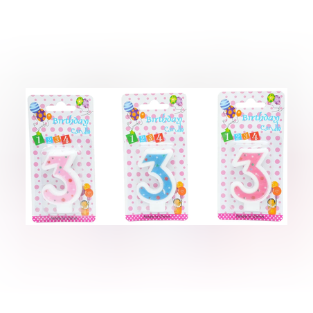 Свещ за рожден ден №3 на точки -Син/Розов/Цикламен цвят 6,5см.