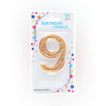 Свещ за рожден ден №9 с блясък - Златен цвят 7,5см.