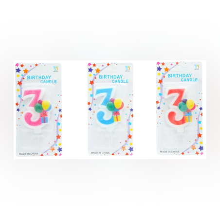 Свещ за рожден ден №3 на балони -Син/Розов/Червен цвят 6,6см.
