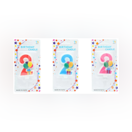 Свещ за рожден ден №2 на балони -Син/Розов/Червен цвят 6,6см.