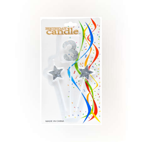 Комплект от 3 броя свещи за рожден ден с ефектно фолио - 2 броя звездички + цифра 