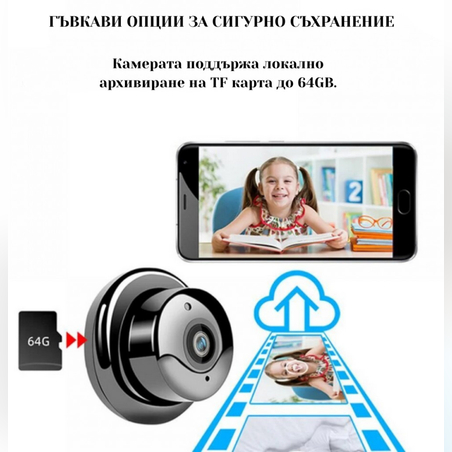 Мини HD камера V380 - Wi-Fi, IR нощно виждане и запис до 64G