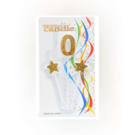 Комплект от 3 броя свещи за рожден ден с ефектно фолио - 2 броя звездички + цифра 