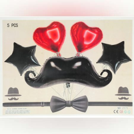 Комплект фолиеви балони с две звезди, две сърца и мустак - 5 части