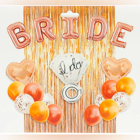 Комплект латексови балони с 12 балона, 2 сърца, халка и надпис BRIDE - 21 части